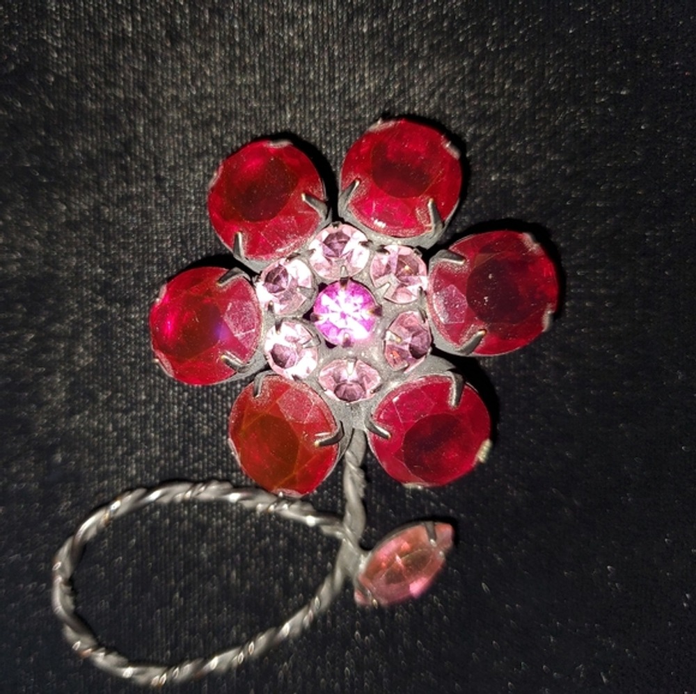 Vintage Large Red Rhinestone Daisy Brooch